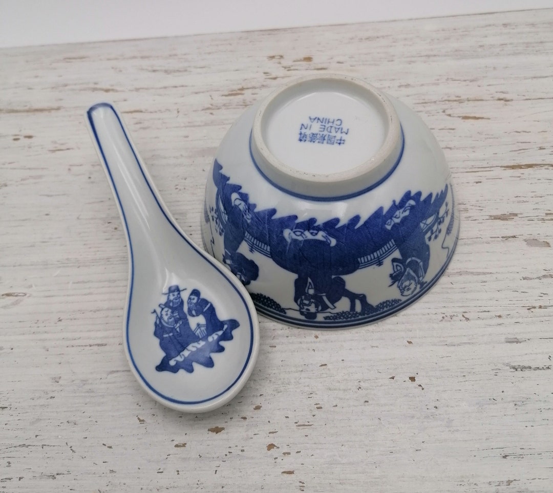 Vintage Chinese Soup Bowl and Spoon,antique Dishes Chinese, Blue and