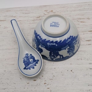 Vintage chinesische Suppenschüssel und Löffel, antikes Geschirr Chinesisch, Blau und Weiß Chinesische Schüssel, Oriental Decor Schüssel und Löffel