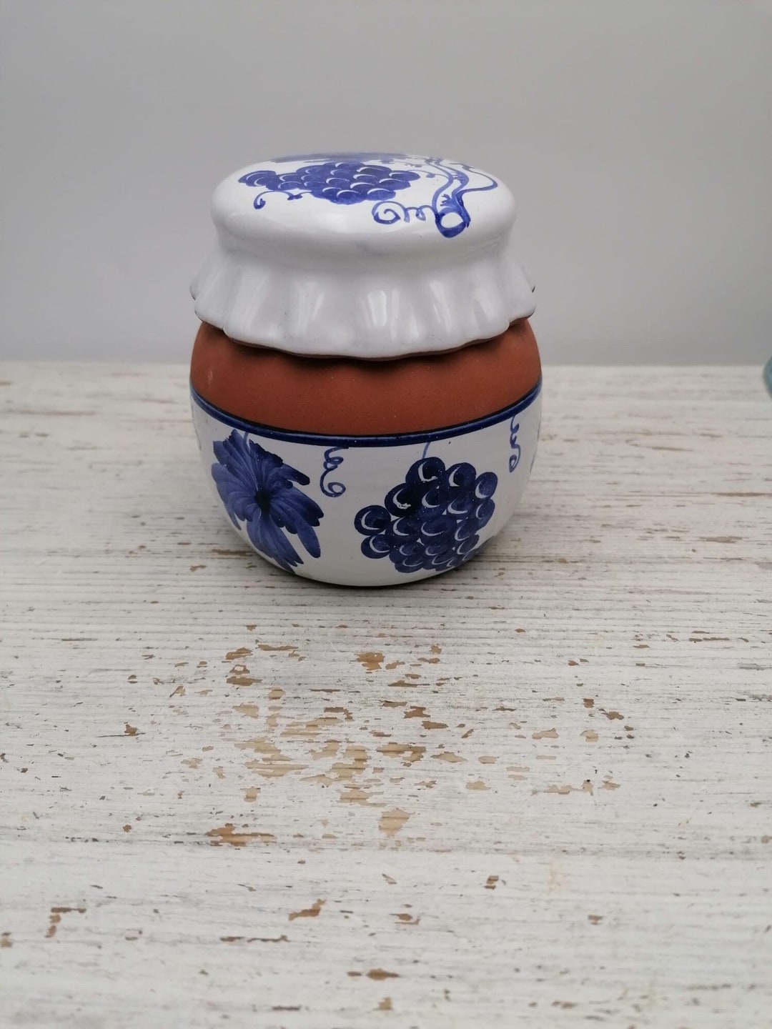 Vintage Ceramic Jar With Lid, Blue and White Grapes and Floral Decor