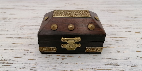 Small Wooden Jewllery Box with Brass Elements, Square Brown Box, Trinket Box, Vintage House Decor