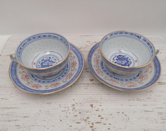 Set of 2 Tea Cups with Saucers, Blue Chinese Porcelain tea Set, Oriental Porcelain tea Set, Asian blue and white tea set, Oriental tea set