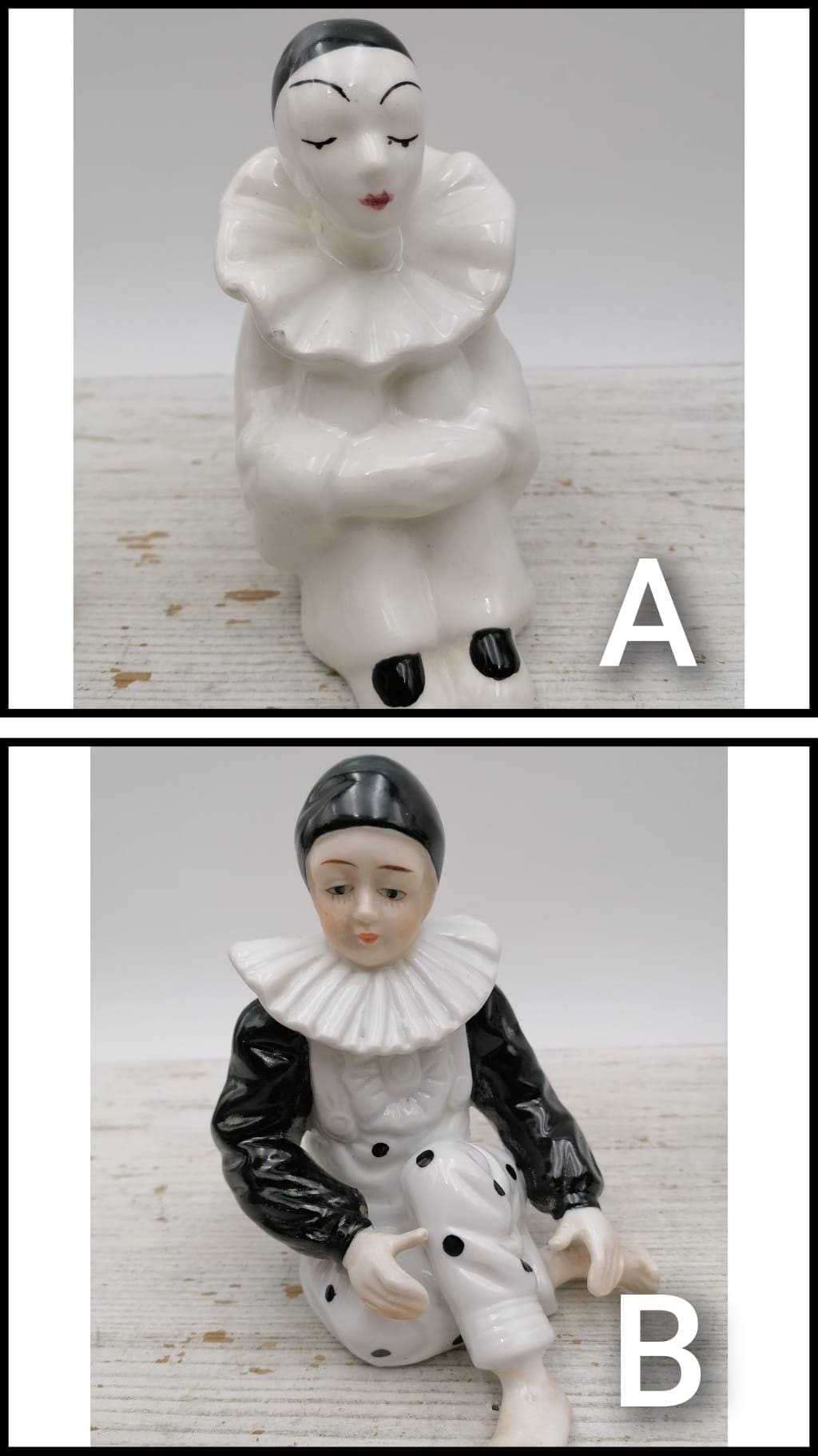 ヴィンテージピエロピエロの置物、陶器のピエロ像、座ったピエロの置物