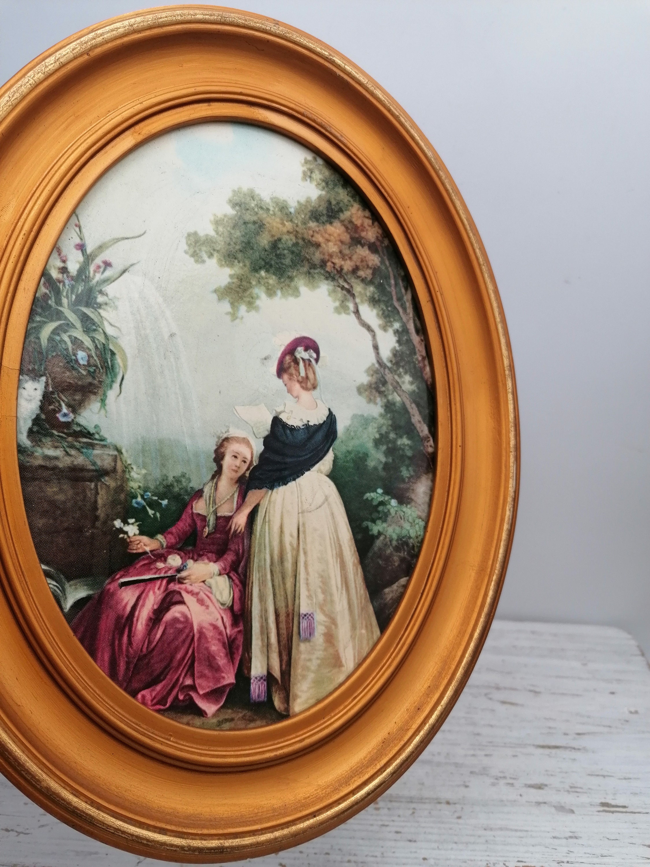 木製ベースのアンティーク楕円形額縁、絵画木製フレーム、金色の
