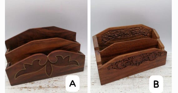 Vintage Wooden Letter Holder Desk Organizer, Carved Wood Letter