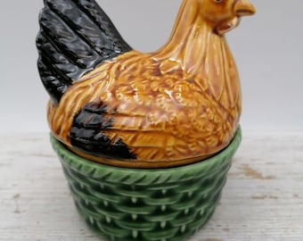 Vintage Portuguese Ceramic Hen Bowl, Portuguese Pottery Chicken, Lidded Ceramic Bowl, Farmhouse Kitchen Decor, Rustic Pottery, Country Style