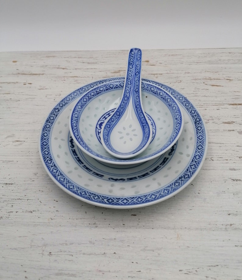 Set of Chinese Plate Noodle Soup Bowl and Spoon Asia Blue Etsy