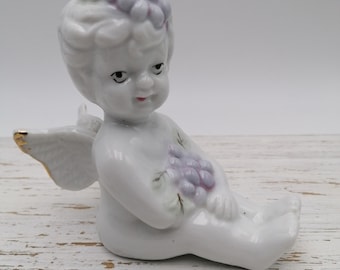 Porcelain Angel Figurine, 60th White Porcelain Sitted Angel Figurine with Grapes, Angel statue, Home Decor