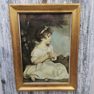 Antique image of girl , Middle Age Print in Wooden Frame, Square Gold Colour Frame with Antique Style Print, Collectible Picture, Home Decor