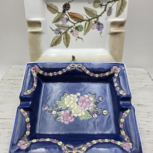 Big White Ashtray,Flower Decor Ashtray,Asian Blue Square Flower Decor Ashtray, Big Ashtray for 2 Cigarettes,Unique Ashtray Gift , Home Decor