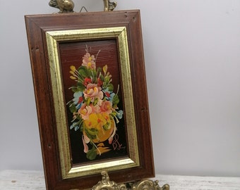 Wooden frame with oil painting of flowers,Small Frame with flowers,painting flowers in a frame , gold wooden Frame ,frame with flowers