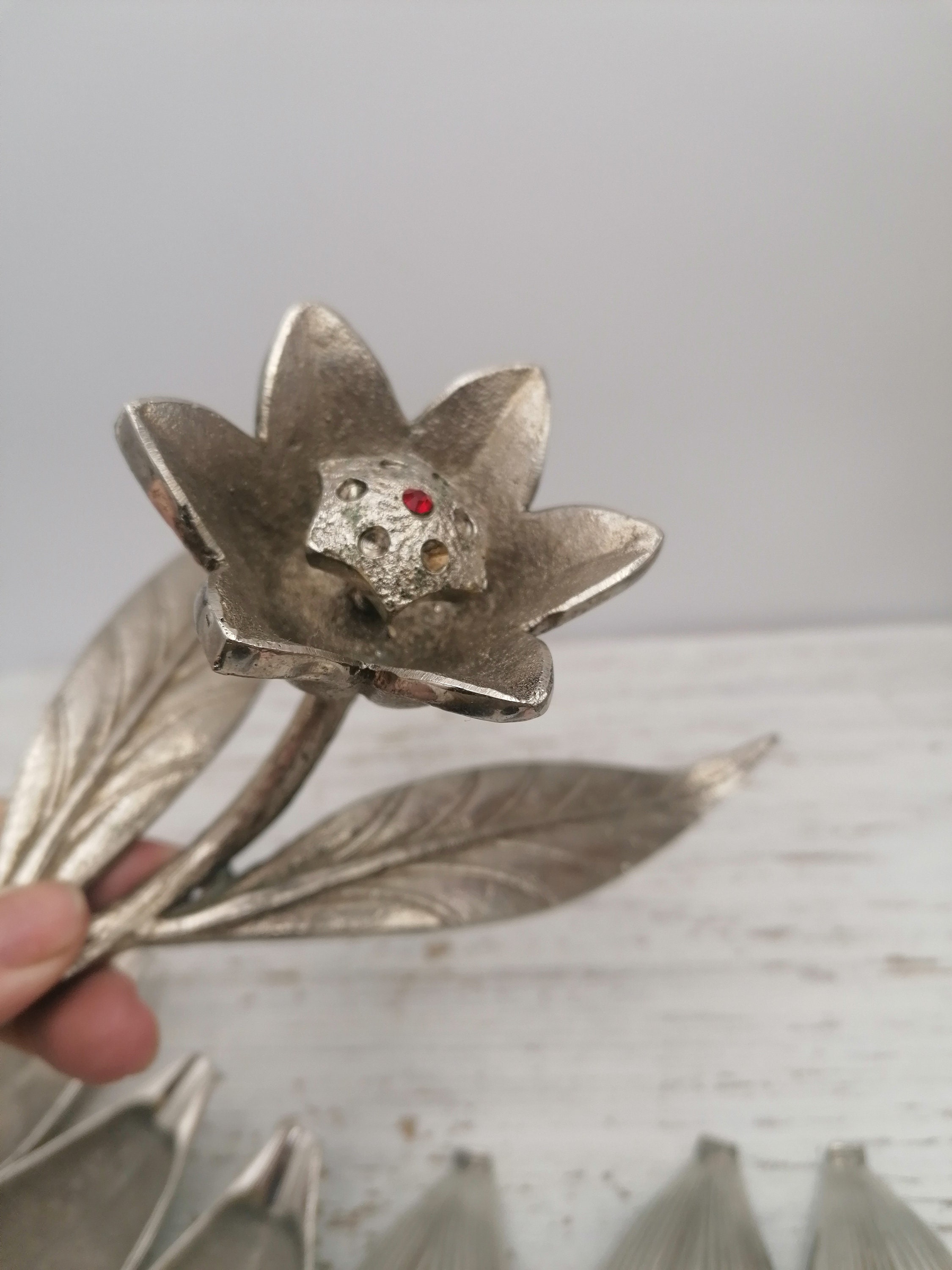 80th Silver Color Brass Ashtray, Petal Flower Ashtray