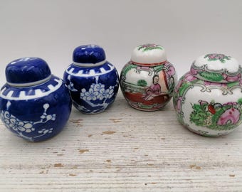 Porcelain pair of  2.75"Asian Ginger Jars, Familie Rose Round Small Vase with lid, Blue Sakura jar with lid, Oriental Collection Ginger Jar