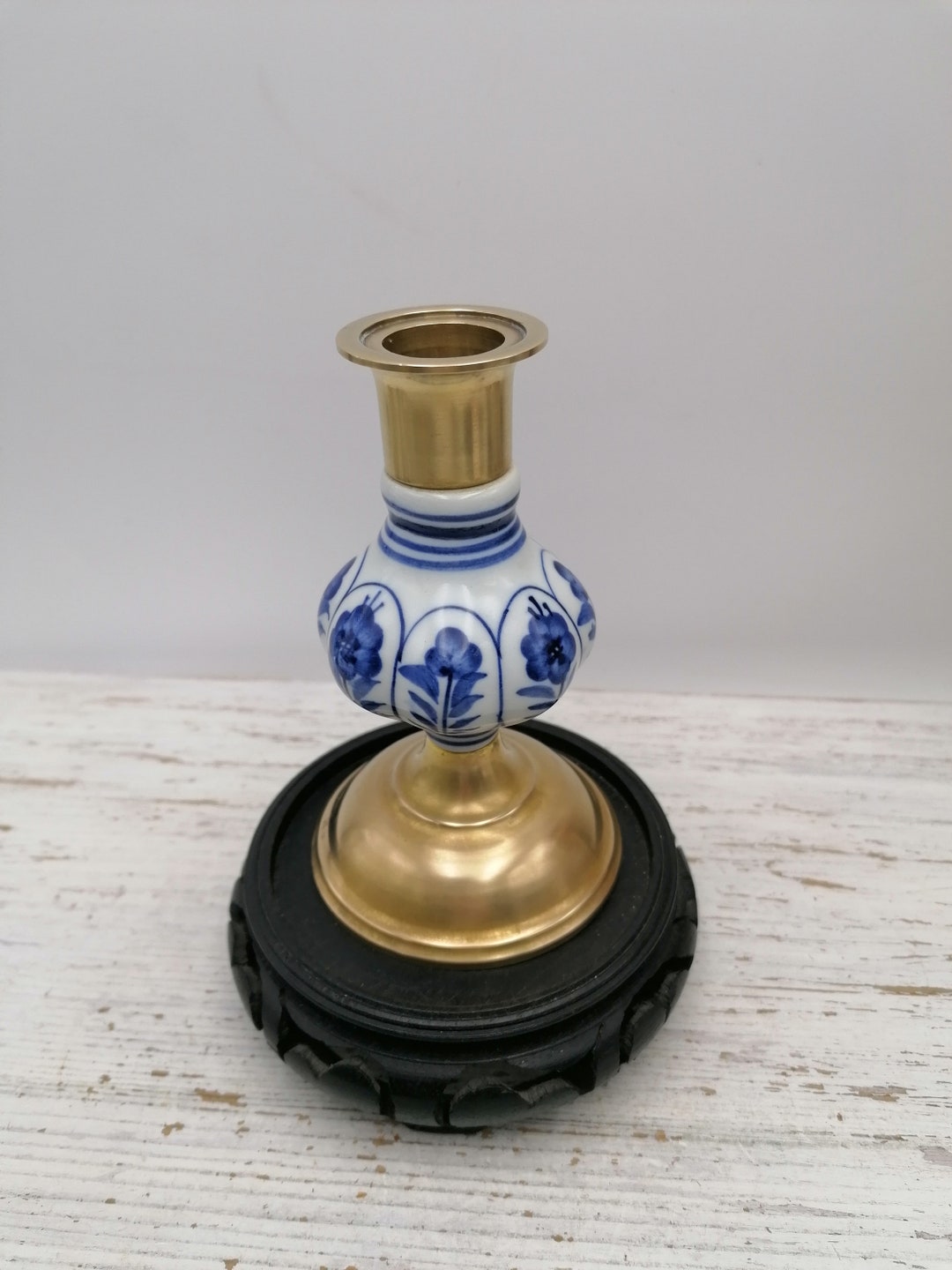 Brass Candlestick With Ceramic Insert, Candle Holder, Round Base Brass Candlestick, Brass Candle