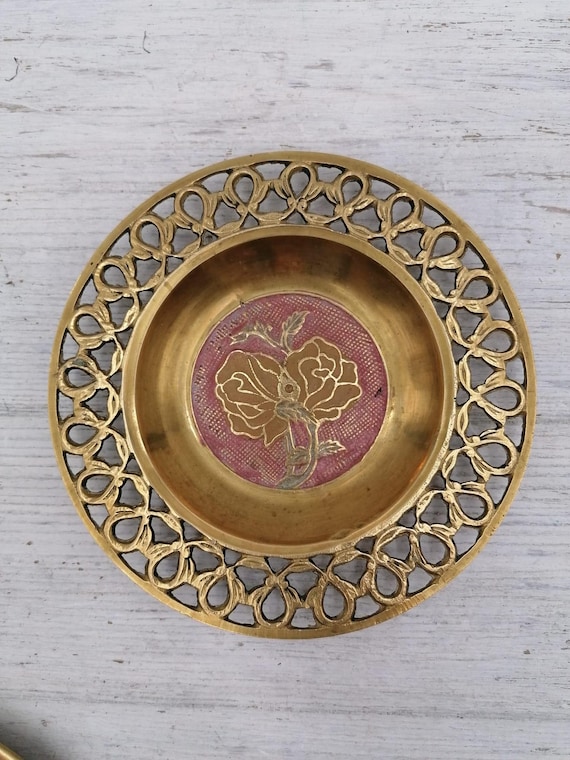 Vintage Brass Plates, Carved Brass Plate, Red Enamel Flower Decor