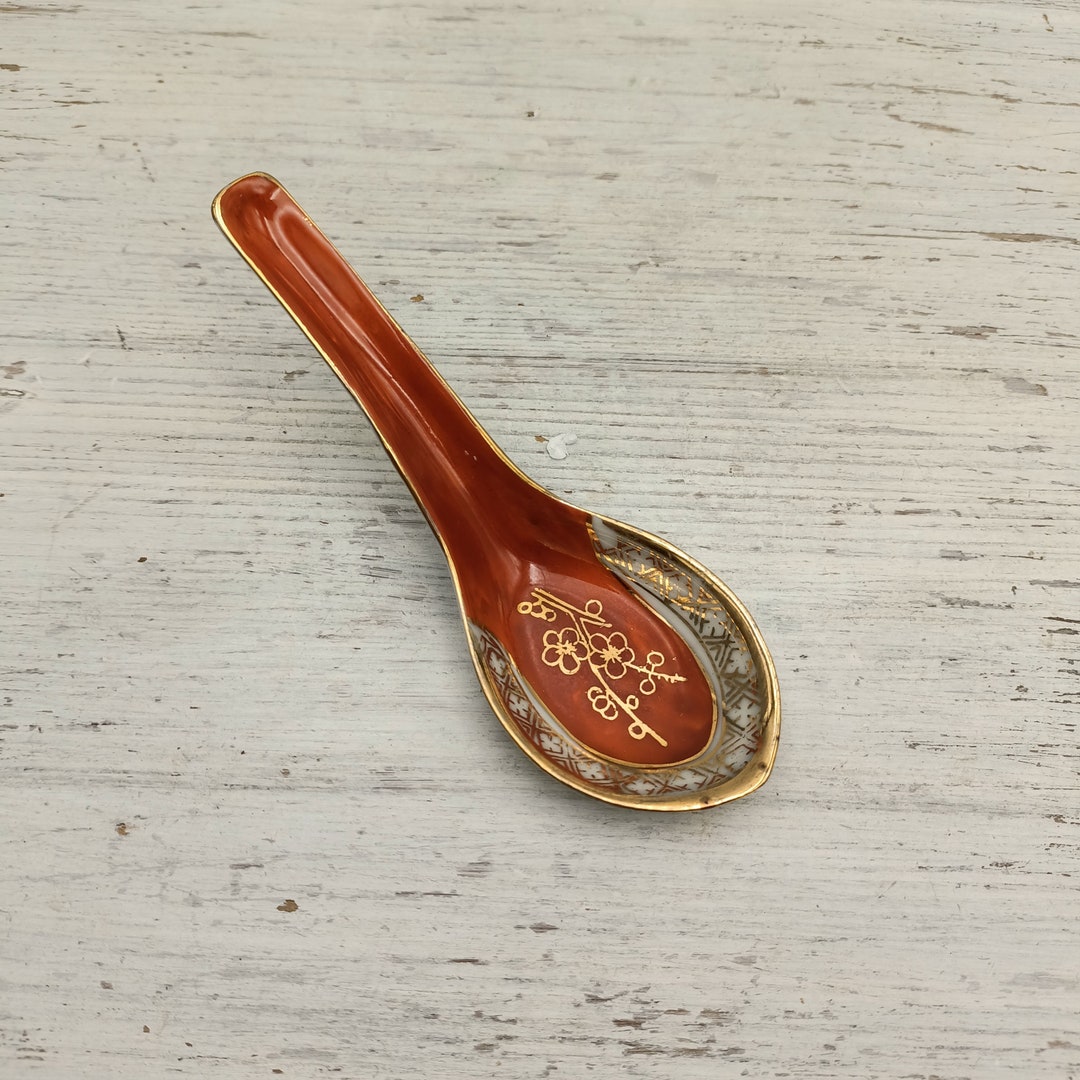 Vintage Chinese Soup Spoon, Hand Painted Noodle Rice Spoon, Red Orange