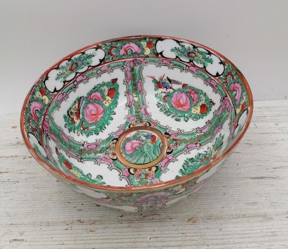 Vintage chinesische 20 cm Porzellanschüssel, Salat-Medaillon-Familienschüssel, handbemalte Porzellanschale, Rosenmedaillon-große Schüssel