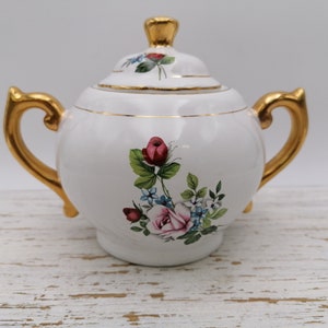 Vintage Porcelain Sugar Bowl, White Sugar Bowl with Golden Handles, Antique 2 Handles Sugar Bowl, Lidded Sugar Bolw
