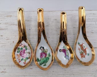 Vintage Porcelain Soup Spoon, Hand Painted Noodle Rice Spoons,Nature/ Flower Decor Porcelain Chinese Spoons,Asian Oriental Porcelain Decor