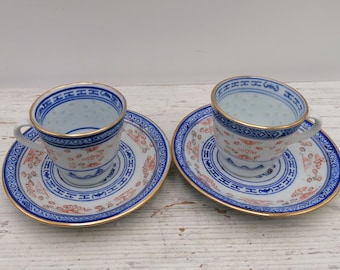 Set of 2 Coffee Cups with Saucers, Blue Chinese Porcelain coffee Set, Oriental Porcelain coffee Set, Asian dishes