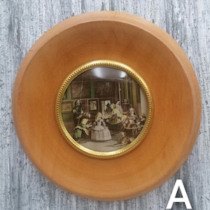 Antique round frame with Print, STYLE B left, Middle Age Print in Round Wooden Frame, Antique Frame, Collectible Vintage Frame