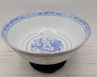 Vintage Blue Dragon Rice Eye Porcelain Bowl, Chinese Dishware