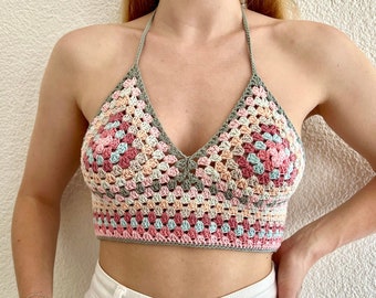 Granny Square Top, Hippie Crochet Top, Cropped Blouse, Summer Crop Top, Sexy Crop Top, 70s Crop Top.