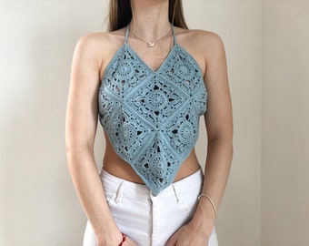 Vintage Halter Top, Granny Square Top, Backless Top, 70s Halter Top, Granny Square Tank.