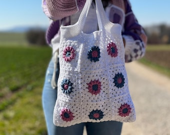 Granny Square Bag, Laptop Tote Bag, Extra Large Tote Bag, Crochet Market Bag.