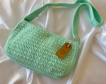 Crochet Baguette Bag, Mini Messenger Bag, Handmade Mini Shoulder Bag, Small Top Handle Bag.