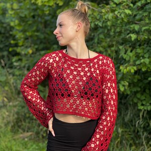 Crochet Mesh Sweater for Women, Cropped Sweater, Birthday Gift.