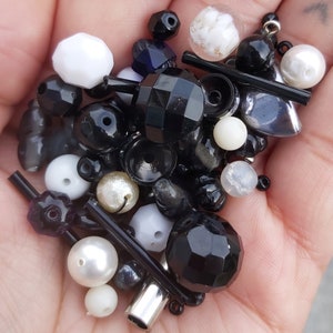 30g Black and White Mixed Vintage Glass + Beads - For Jewellery Making and Crafts