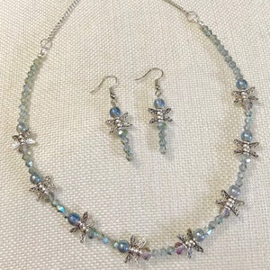 Silver Chinese Crystal Beaded Dragonfly Necklace Earrings Set