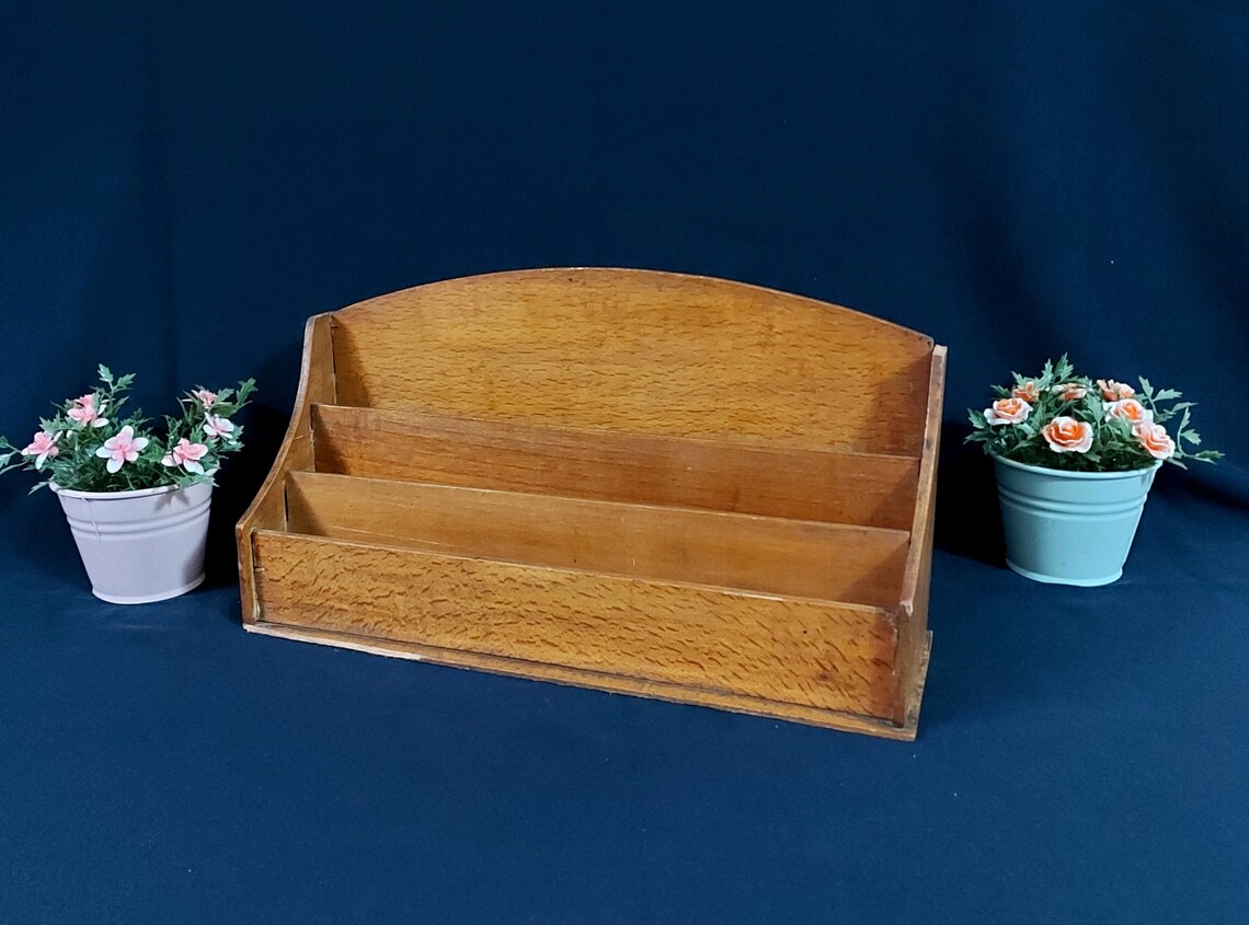 Vintage Wood Desk Organizer Pencil Holder Notepad Divided Etsy