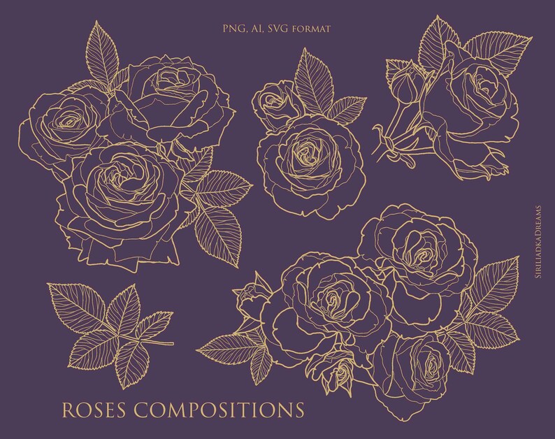Download Golden Roses Botanical Line Art 22 Types Vector Flower Illustration Clipart Digital Flower Print Individual Svg Ai Wedding Png Clip Art Art Collectibles Mabnadieselpart Com