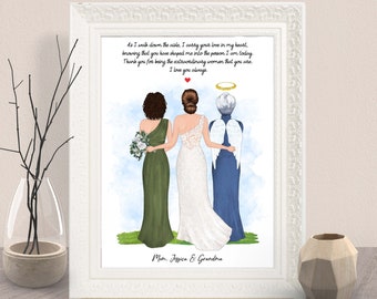 May include: A watercolor illustration of three women walking down the aisle. The woman in the middle is wearing a white wedding dress. The woman on the left is wearing a green dress and holding a bouquet of flowers. The woman on the right is wearing a blue dress and has angel wings. The text reads: "As I walk down the aisle, I carry your love in my heart, knowing that you have shaped me into the person I am today. Thank you for being the extraordinary women that you are. I love you always. Mom, Jessica & Grandma."