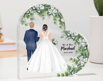 Personalized Heart Acrylic Plaque Wedding Cake Topper-Bride and Groom Wedding Sign-Wedding Décor Engagement, Anniversary Gifts for Couples