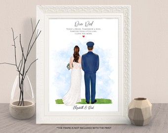 May include: A watercolor illustration of a bride and groom in their wedding attire. The bride is wearing a white dress and the groom is wearing a blue military uniform. The text "Dear Dad" is at the top of the image, followed by the text "Today a bride, tomorrow a wife, forever your little girl, I love you more." The text "Elizabeth & Dad" is at the bottom of the image.