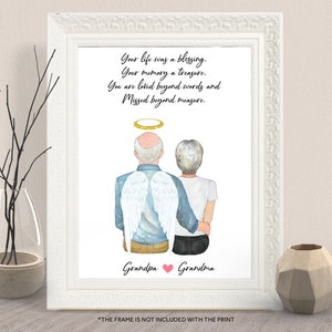 May include: A watercolor illustration of a couple with angel wings, standing back to back. The text reads "Your life was a blessing. Your memory a treasure. You are loved beyond words and Missed beyond measure. Grandpa Grandma".