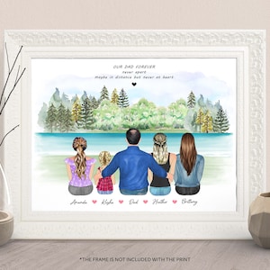 Personalized Wall Art Of Dad And Daughters-Christmas Gift For Dad From Daughter-Dad With Toddler Portrait Illustration-Father Daughter Print