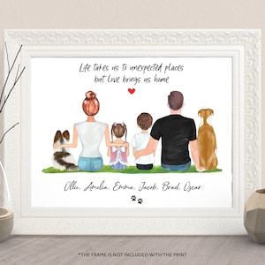 CUSTOM FAMILY PRINT-Family Portrait Illustration With Kids Pets- Wedding Anniversary Gift-Dog Family Wall Art-Custom Dog Mom Print-Dog Owner