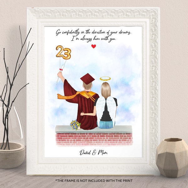 PERSONALIZED SON GRADUATION Portrait Gift-Mother Son Graduation Memorial Gift-College Graduation Class Of 2023-Angel Mom And Son Wall Art