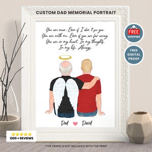 PERSONALISED MEMORIAL PRINT-Family Memorial Print-Dad In Heaven Portrait-Dad And Son Father&#39;s day gift-Angel Wings-Remembering loved one