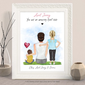 PERSONALIZED AUNT GIFT From Niece Nephew-Mother&#39;s Day Auntie Gift- Family Portrait-Auntie Illustration-Custom Aunt Birthday Gift-Sister Gift