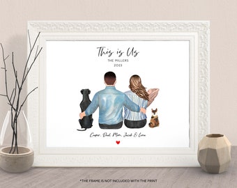 May include: A watercolor illustration of a family portrait with two adults, a dog, and a cat. The family is standing with their backs to the viewer, and the text "This is Us" is written above them. The text "The Millers 2023" is written below them. The names "Cooper, Dad, Mom, Jacob & Lora" are written below the family.