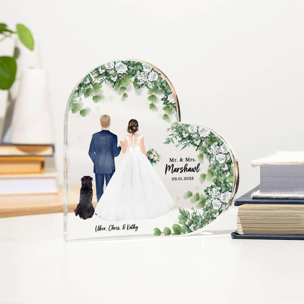 Personalized Acrylic Plaque Wedding Cake Topper-Bride And Groom With Dogs Cats Wedding Gift Décor Engagement, Anniversary Gifts for Couples
