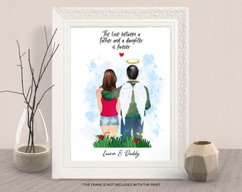 Custom Loving FATHER DAUGHTER MEMORIAL Print Gift-Dad In Heaven Portrait Illustration-Loss Of Dad-Christmas Memorial Daughter Gift-Angel Dad