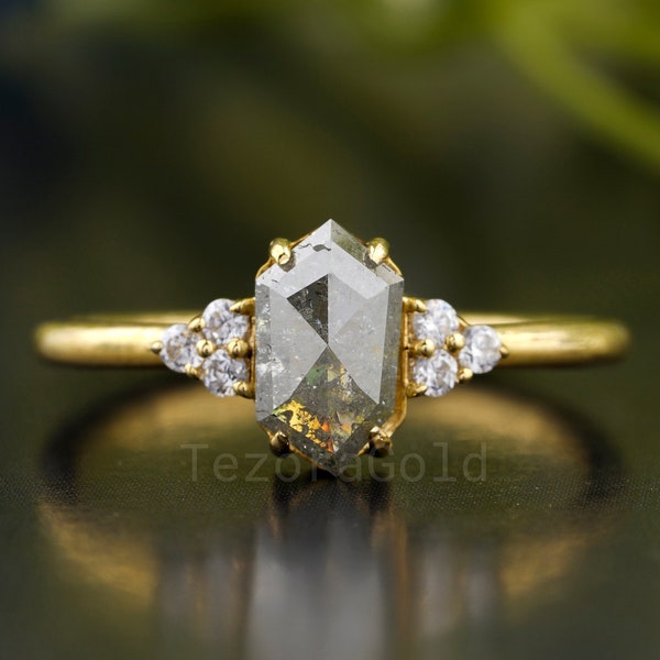 14k Salt and Pepper Diamond Ring|Engagement Ring| Hexagon Diamond Ring| Hexagon Gold Ring| Art Deco Ring|Solitaire Diamond Ring|Promise Ring