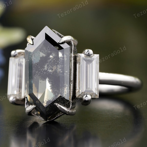 Salt and Pepper Diamond Ring, Engagement Ring, Hexagon Diamond Ring, Three Stone Ring, Art Deco Ring, Moissanite Diamond Ring, Promise Ring