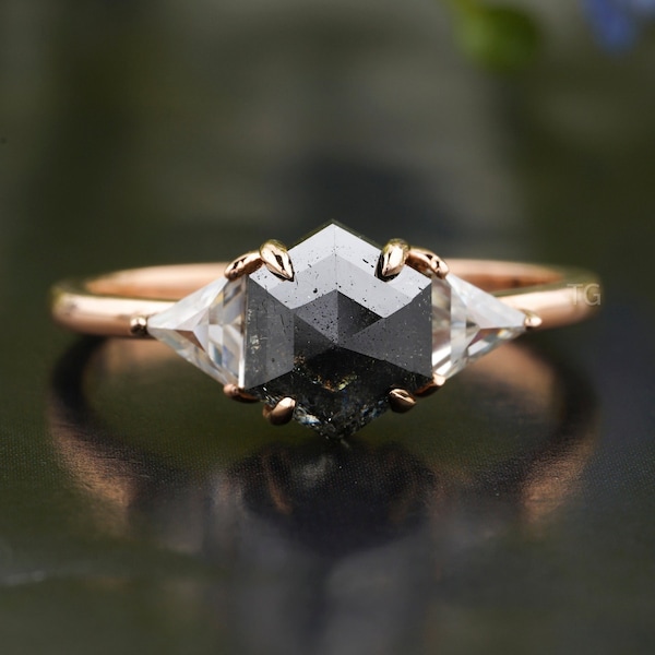 Salt and Pepper Diamond Ring, Hexagon Rose Cut Moissanite Ring, Three Stone Ring, Black Diamond Ring, 14K Rose Gold Custom Handmade Ring