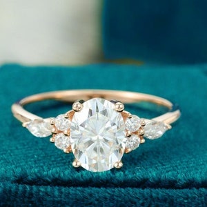 Moissanite Engagement Ring Rose Gold, 1.33CT Oval Cluster Ring For Her, Unique Vintage Marquise With Round Cut Diamond Ring,Seven Stone Ring